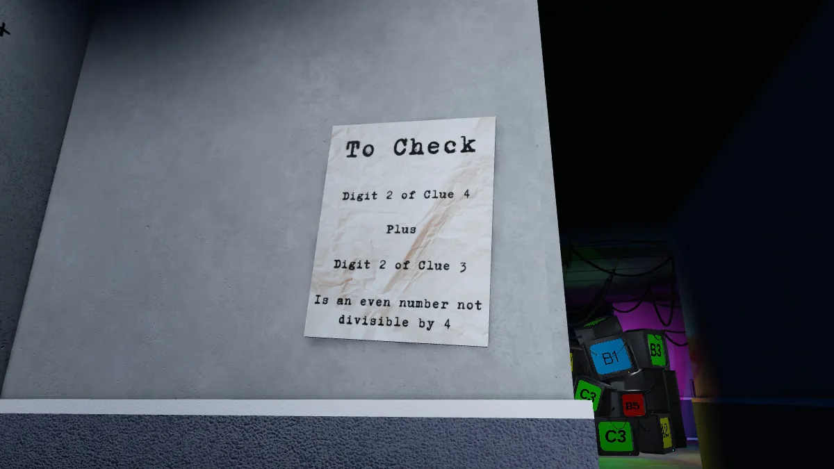 A screenshot showing how to come to the solution in Chapter 2 of Terminal Escape Room on Roblox, with four different steps needed to complete the puzzle. 