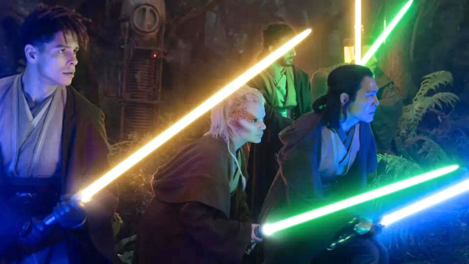 Yord Fandar, Jecki Lon, Sol, and two other Jedi Knights brandish their lightsabers in The Acolyte