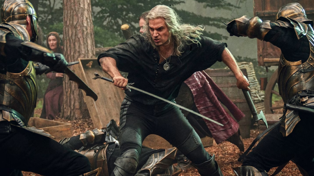 A fight scene from Netflix's The Witcher Season 3 featuring Henry Cavill as Geralt of Rivia