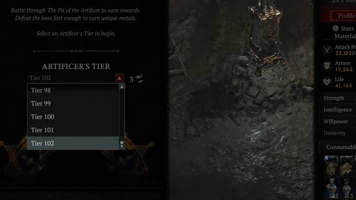 Image of the menu selection for Tier 102 of The Pit in Diablo 4.