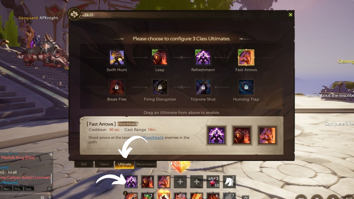 Screenshot of the Ultimates menu in Tarisland, with arrows to the tab to open it and the Ultimates list in the action menu