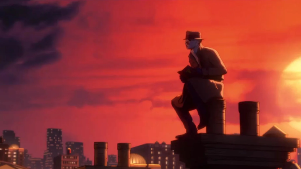 Rorschach standing in front of a red sky in Watchmen: Chapter 1 & 2