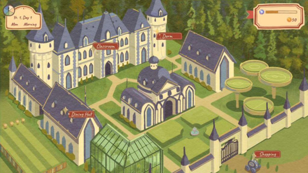 Screenshot of the magic school from the game Whimel Academy