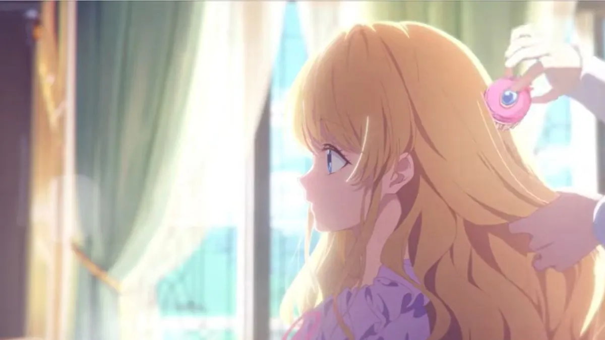 Image from an anime showing a blonde princess having her hair brushed