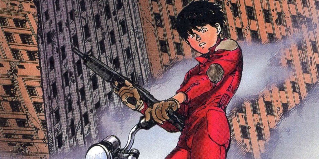 Kaneda holds a gun while on his bike in akira