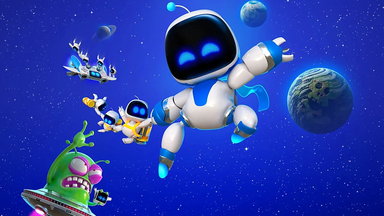 Astro Bot, a white and blue robot, with other characters around it.