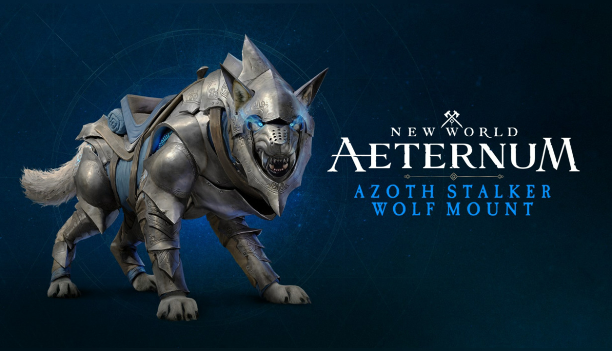 Image of the Azoth Stalker Wolf mount on a blue background which you can obtain from pre-ordering  New World: Aeternum