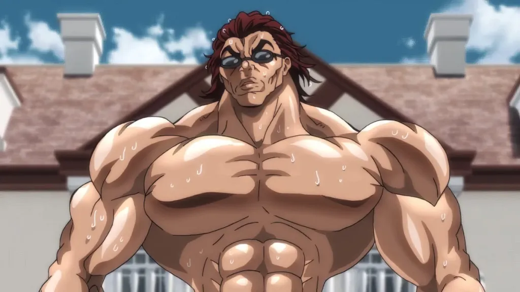 Yujiro sweats standing topless outside in Baki