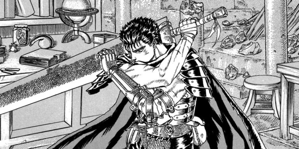 Guts readies his sword in a laboratory. This image is part of an article about whether BERSERK: The Black Swordsman has a release date.
