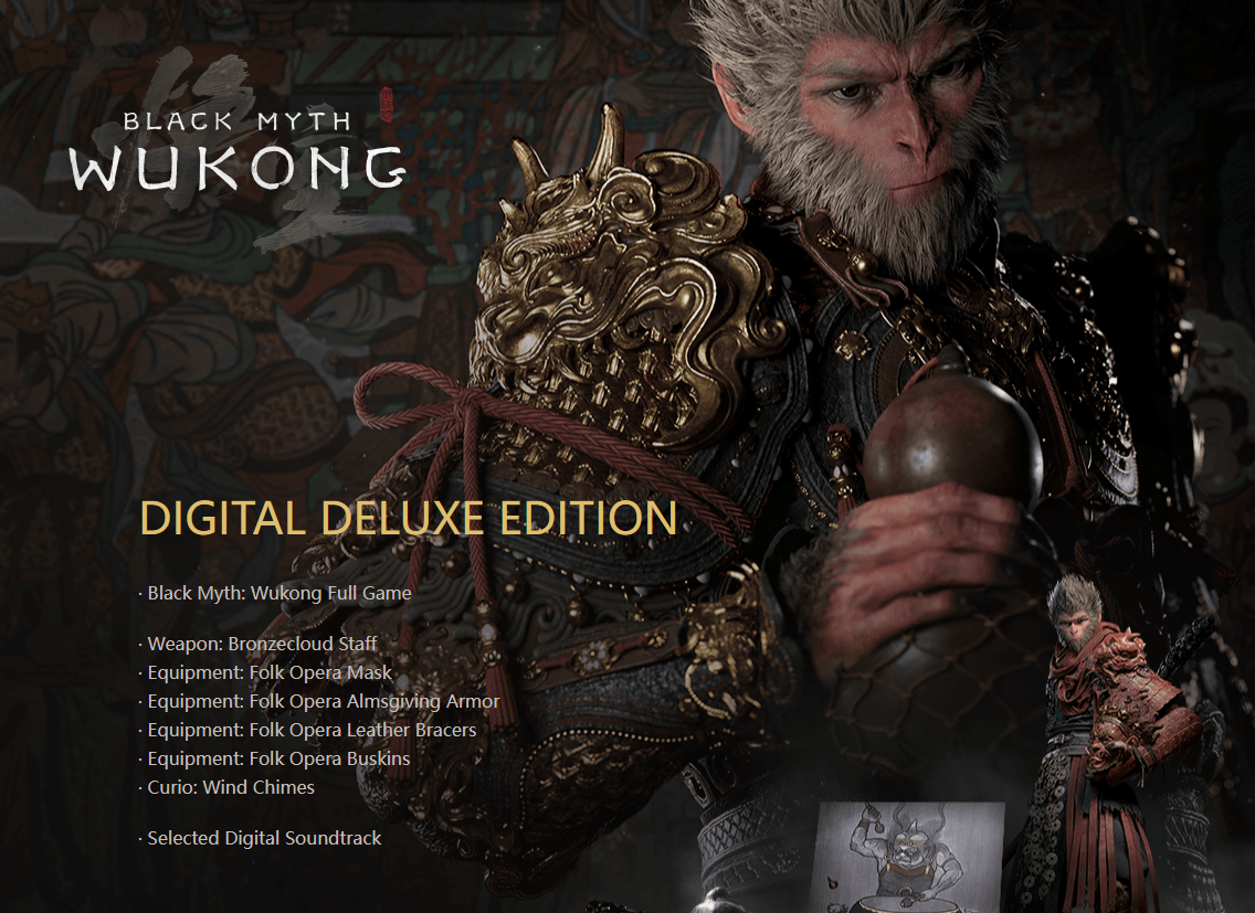 Image of Wukong in the background holding the pre-order Scarlet Gourd, along with a list of all the available items obtained for purchasing the Digital Deluxe Edition of Black Myth: Wukong