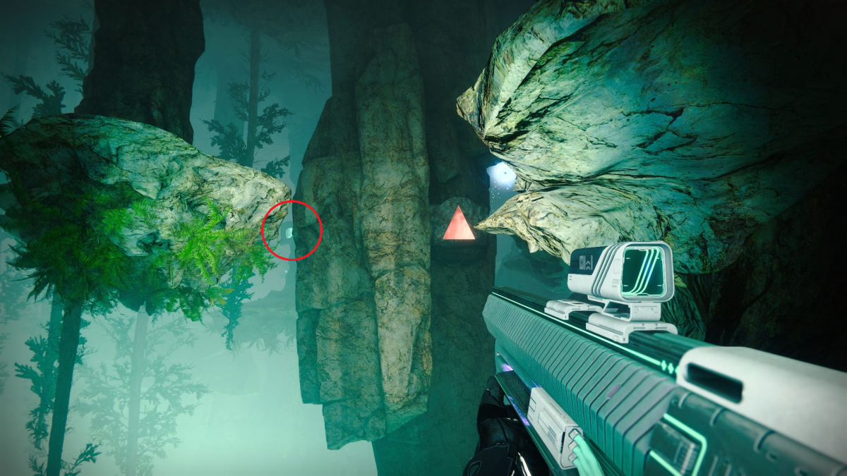Image of the precise spot you'll need to stand to shoot both the red and blue cube in Destiny 2