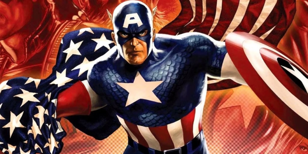 Captain America charges carrying his shield and the American flag. This image is part of an article about the 13 best Marvel Comic runs of all-time.
