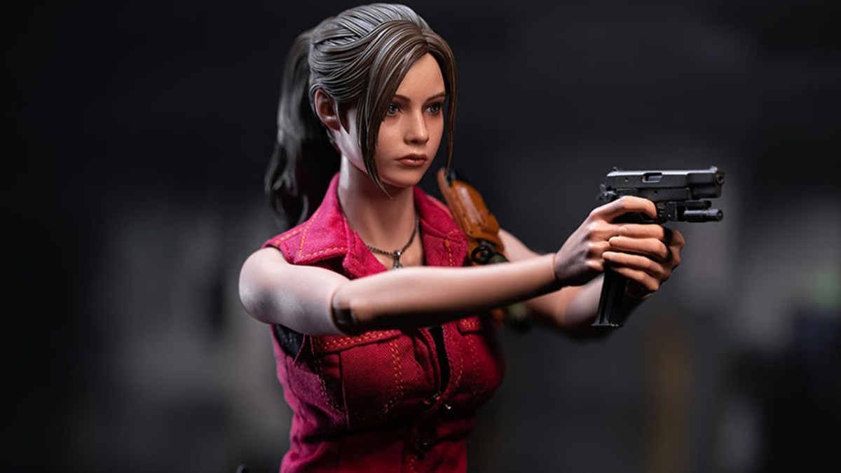 A figure of Claire Redfield from Resident Evil 2 remake in her old classic costume. 