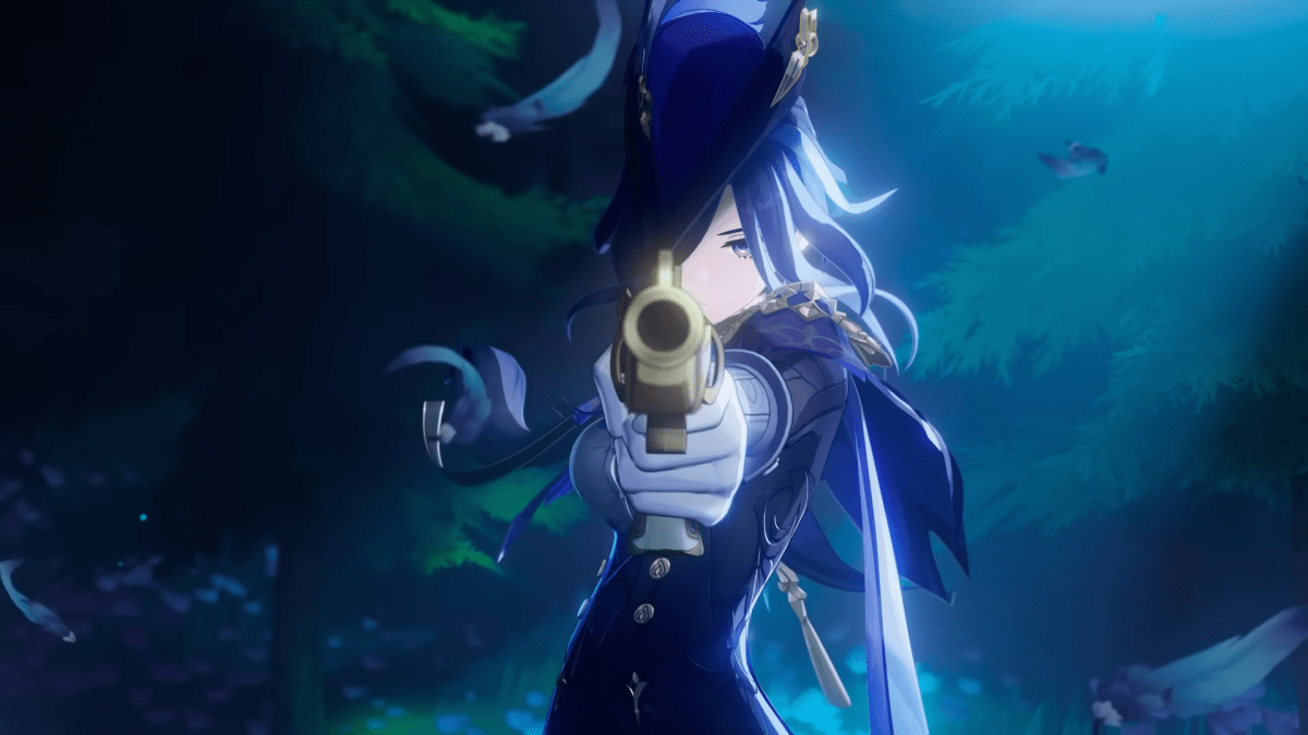 Image of Clorinde from the Genshin Impact trailer, pointing her gun at a fleeing target