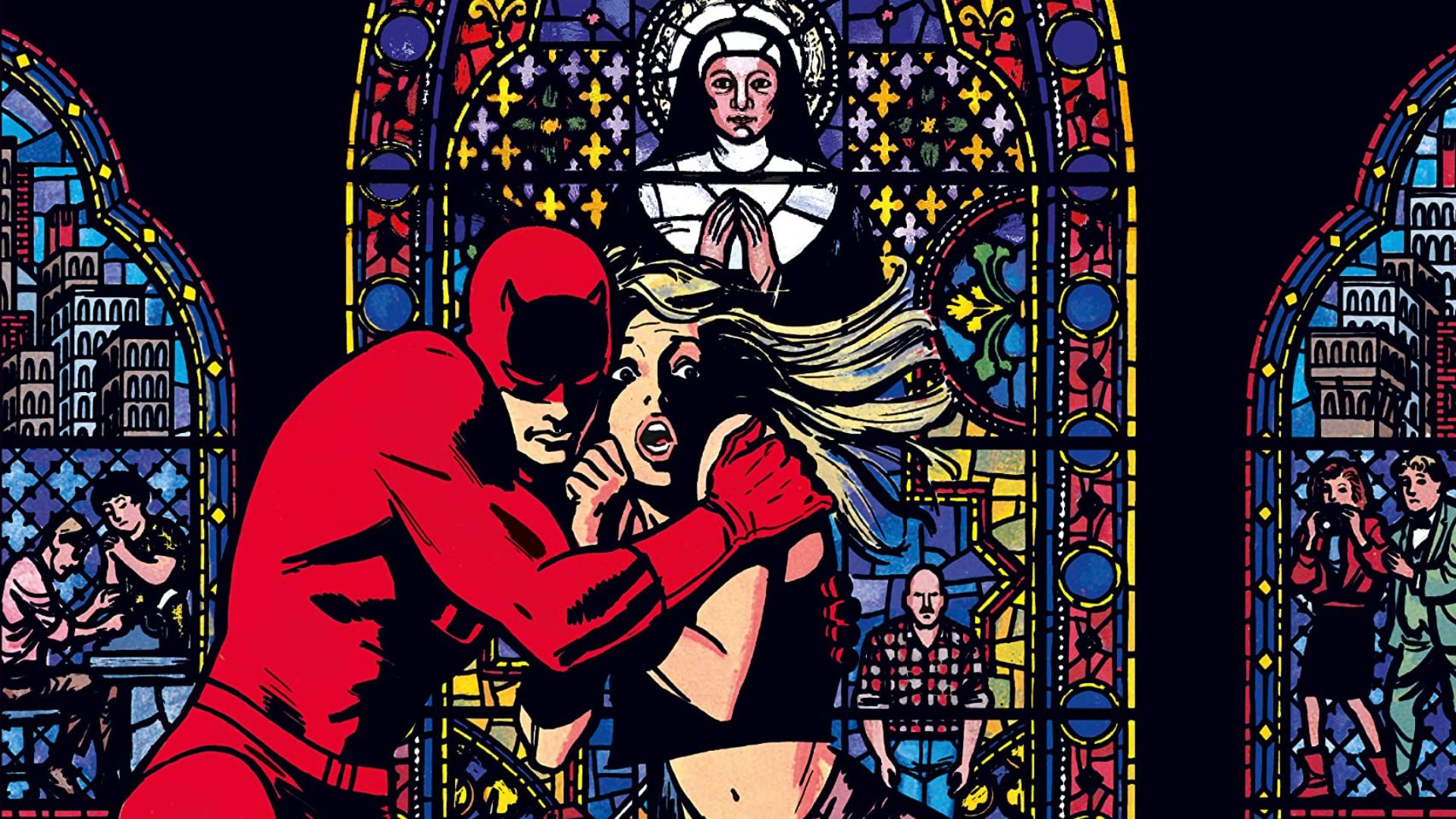 Daredevil jumps in front of a stained glass window with Karen Page