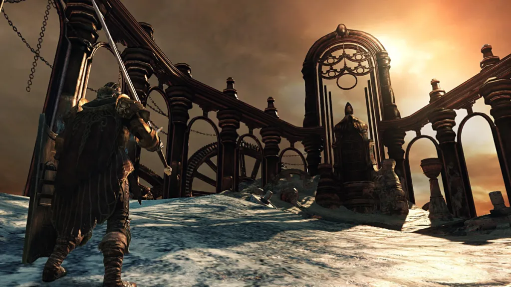 the player looking at a throne during sunset