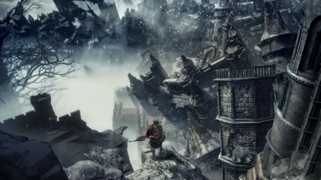 the player standing above a ruined city