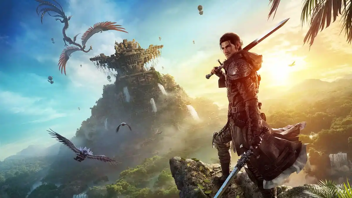 a man stands on top of a cliff with a sword in both hands, looking over his shoulder. a large city built on cliffs stands in the background and birds fly around