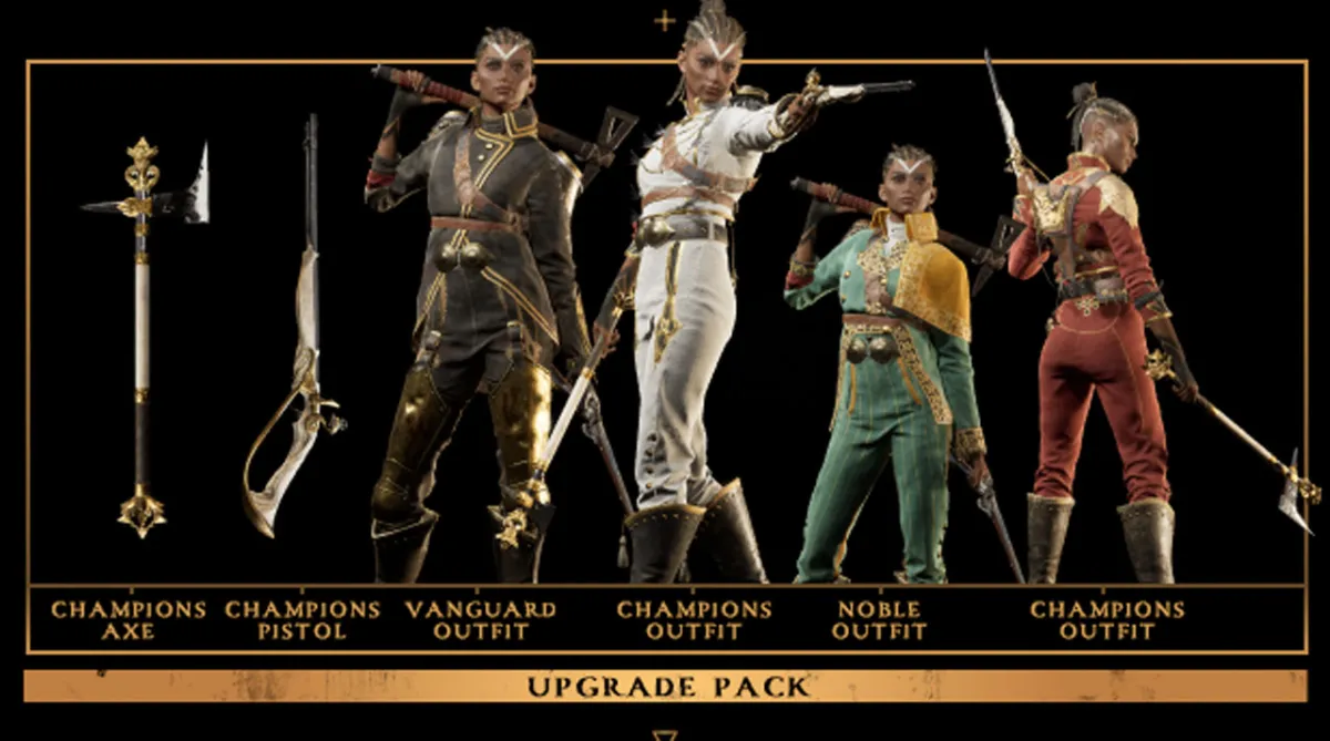 The Deluxe Edition of Flintlock: Siege of Dawn, showing alternate weapons and outfit skins. 