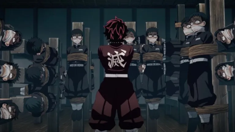 Tanjiro stares at a room of Demon Slayers