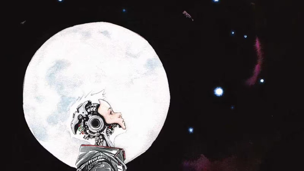 TIM-21 looks up in front of a full moon in descender