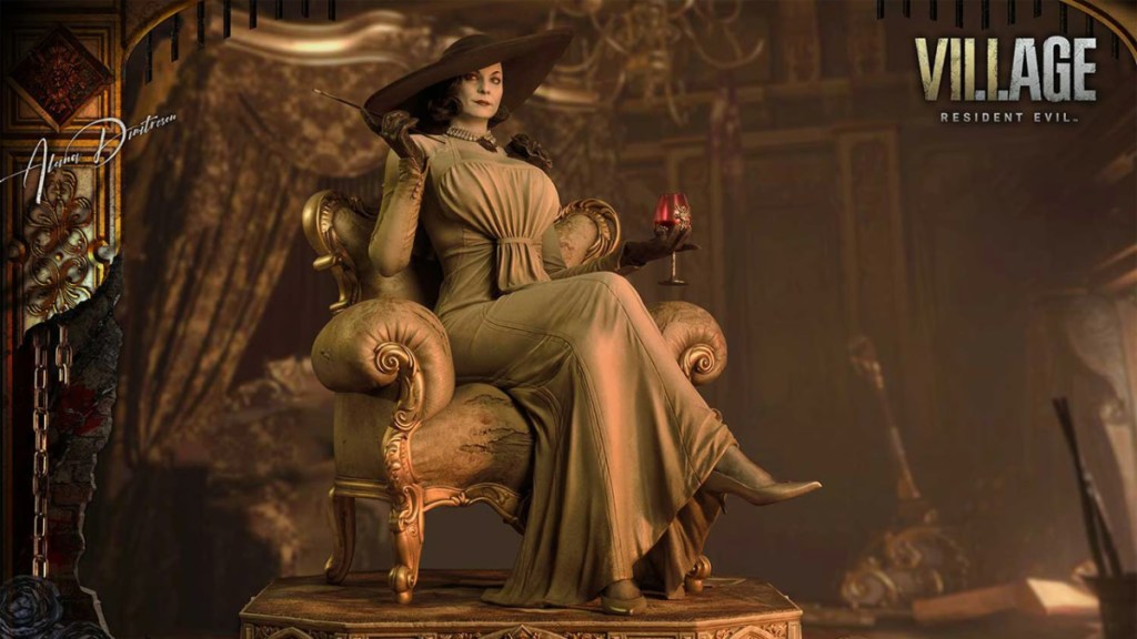 A statue of Lady Dimitrescu from Resident Evil village, sitting on a chair. 