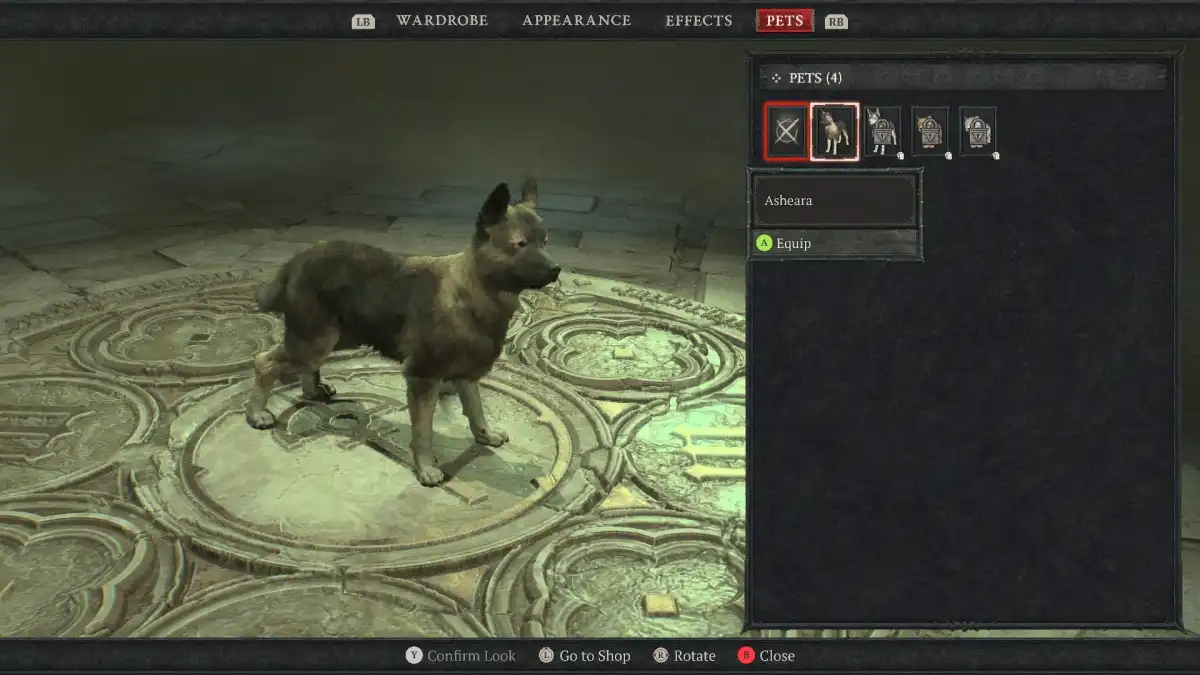 Image of the menu where you can find the dog in Diablo 4