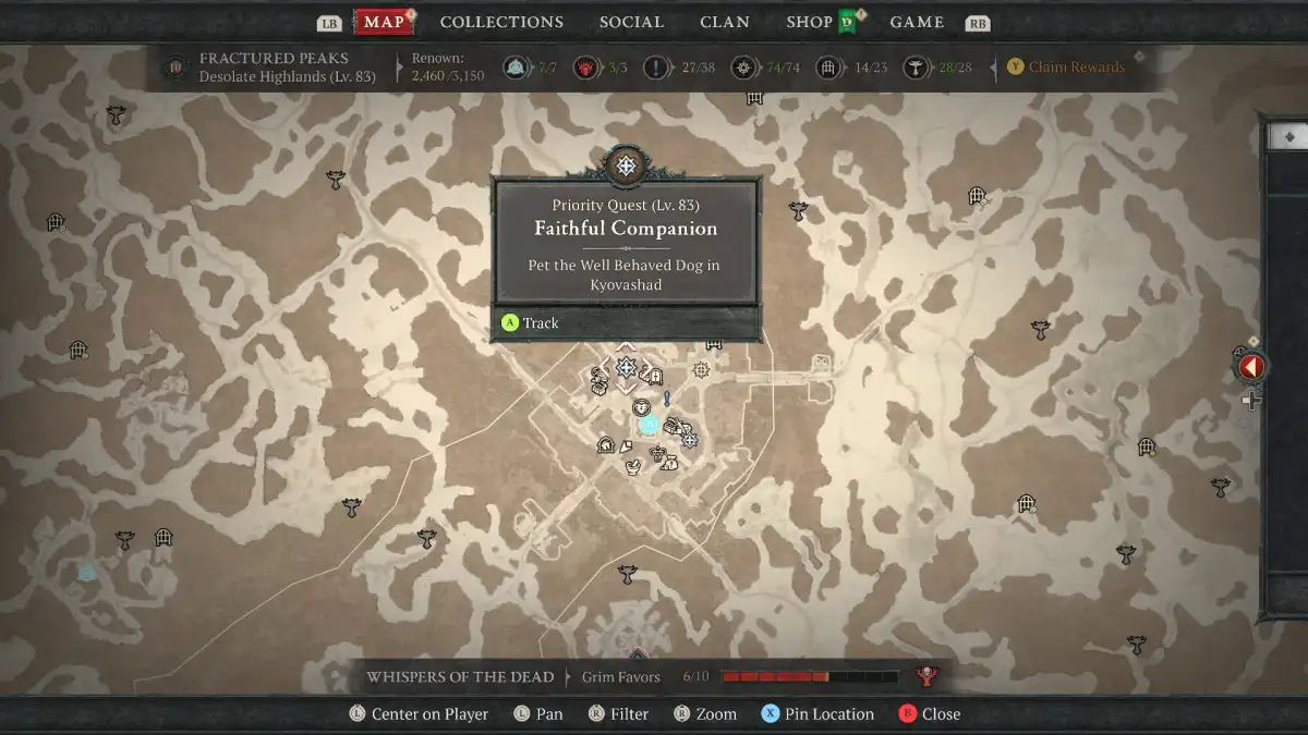 Image of the map on where to find the dog in Diablo 4