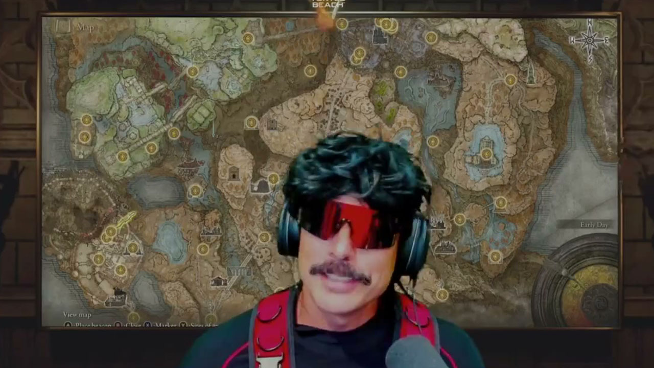 Streamer Dr Disrespect, talking into a microphone in front of an Elden Ring map screen.