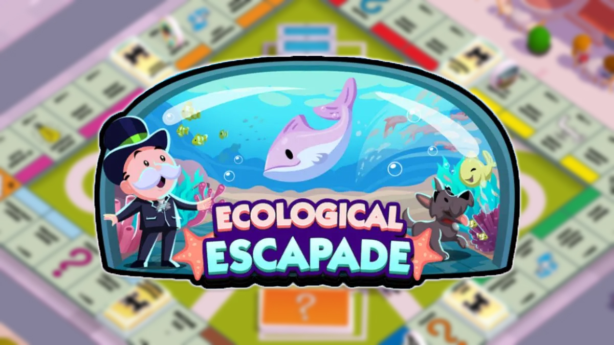 A header-style image for the Ecological Escapade event in Monopoly GO showing Mr. Monopoly looking at a shark in an aquarium as part of an article listing all of the rewards and milestones for the event.