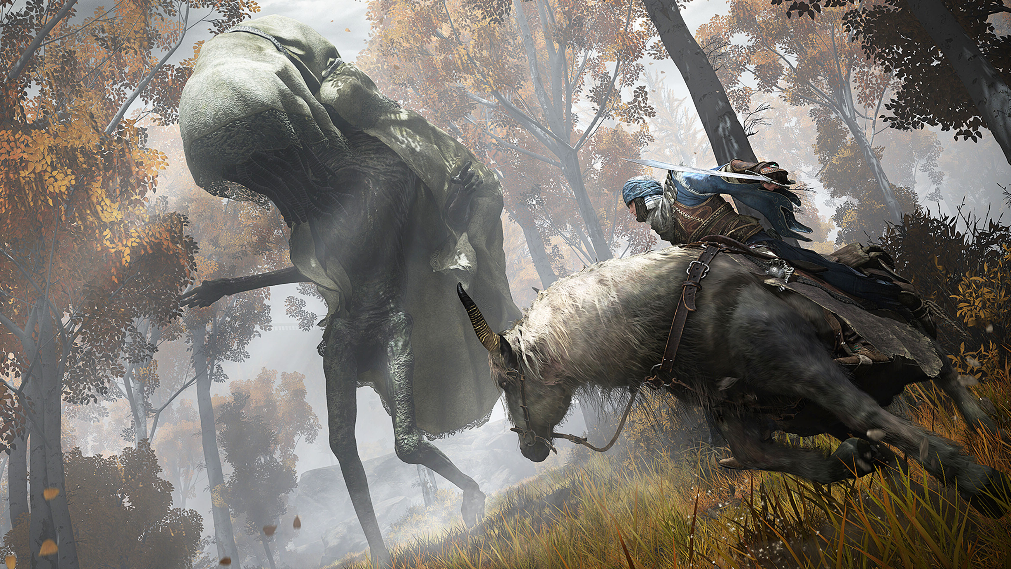 Elden Ring, a player on horseback being pursued by a tall humanoid creature covered in cloth.