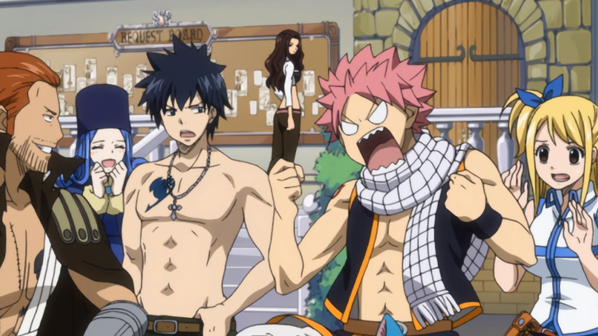 Image of the main cast of Fairy Tail wil two of the male characters not wearing shirts 