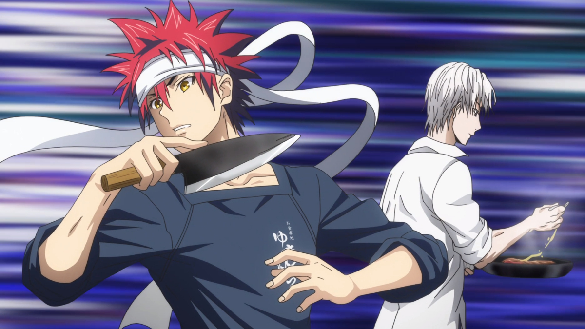 Image of Soma brandishing a knife with action lines around him in Food Wars