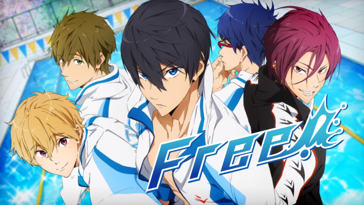 Image of the main cast of Free! in front of a pool looking at the viewer 