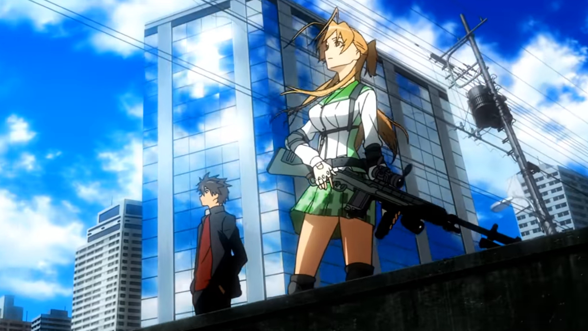 Image of two characters from Highschool of the Dead standing on top of a building with guns
