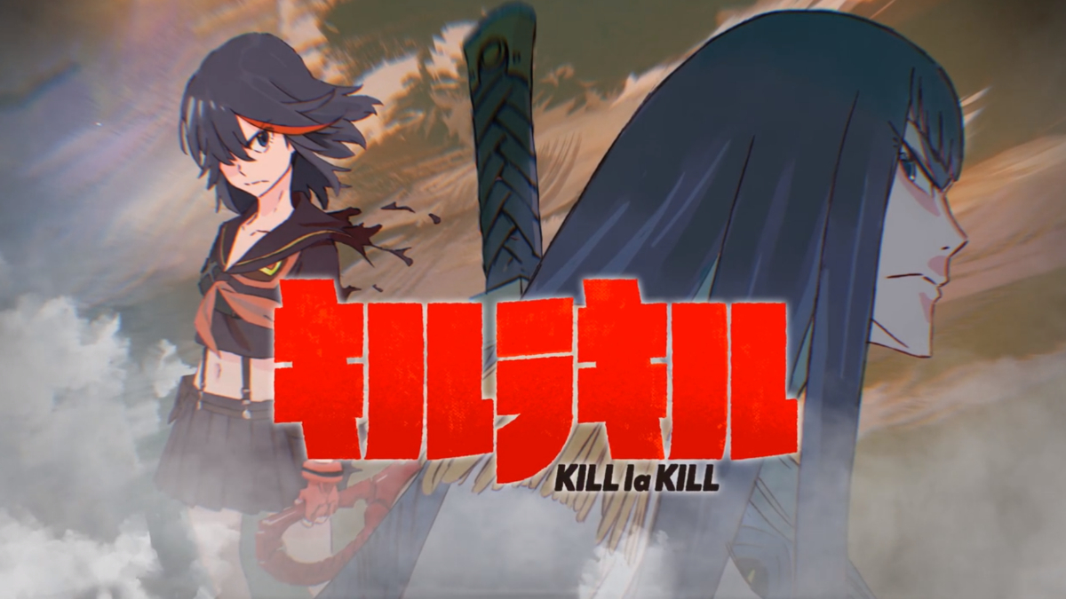 Image of the title card of Kill la Kill with the main character Ryuko glaring at the antagonist