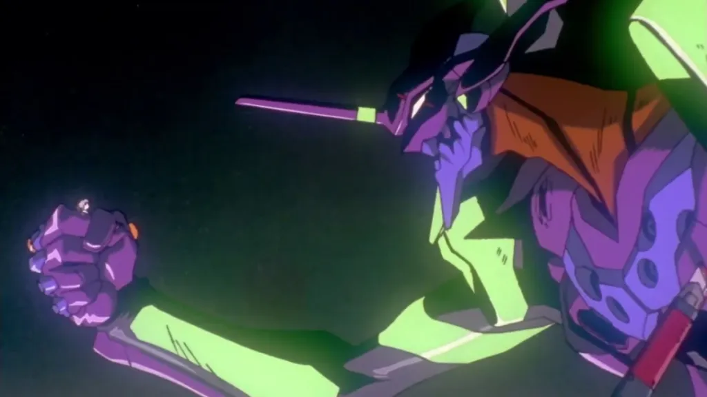 Shinji holds Kaworu while piloting EVA 1