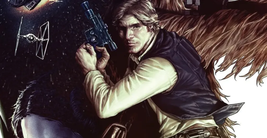 Han Solo poses with his blaster in Star Wars: Han Solo