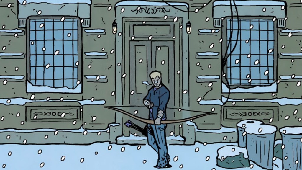 Hawkeye readies his bow in the snow