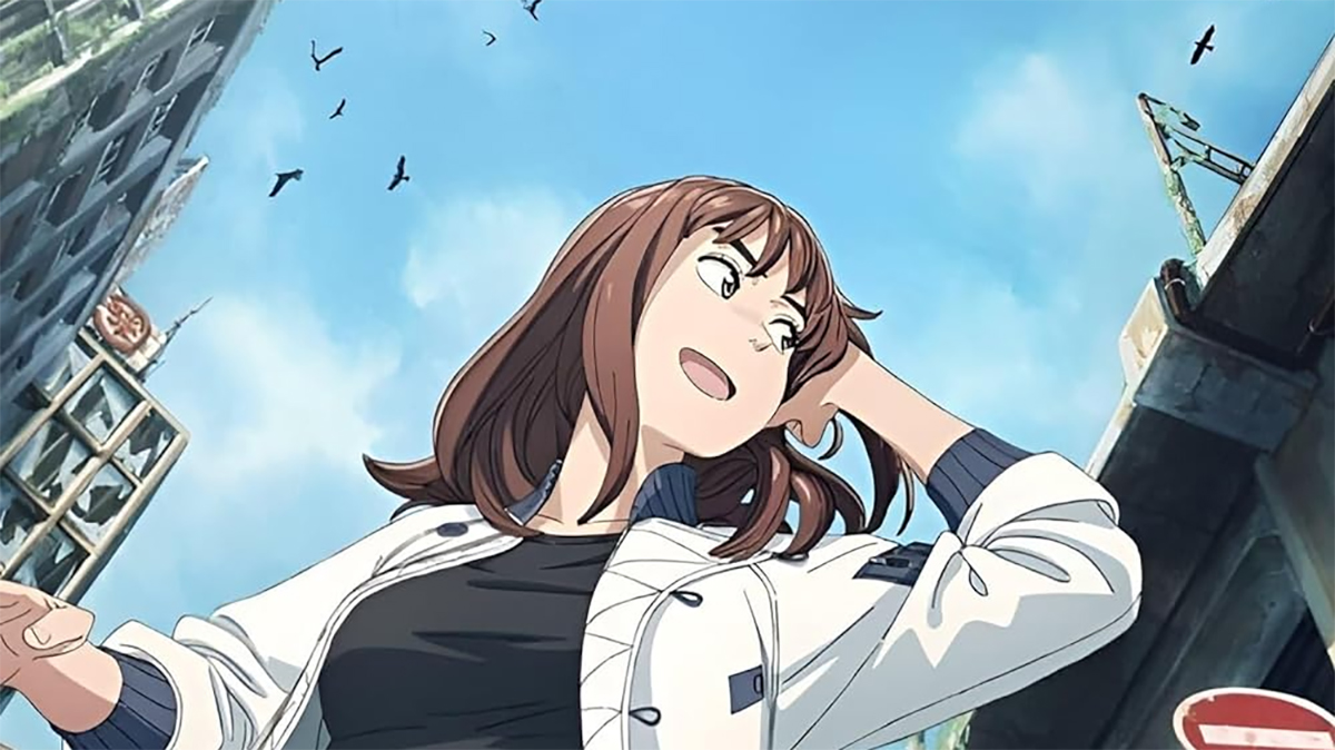 A header image showing a crop of the poster for Heavenly Delusion, which is a girl with brown hair standing in a dilapidated Tokyo. The image is part of an article on if Heavenly Delusion is on Crunchyroll.