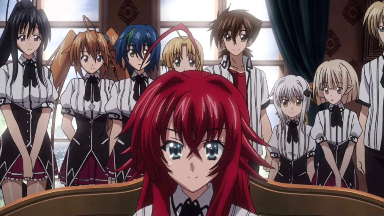 The cast of High School DxD behind Rias