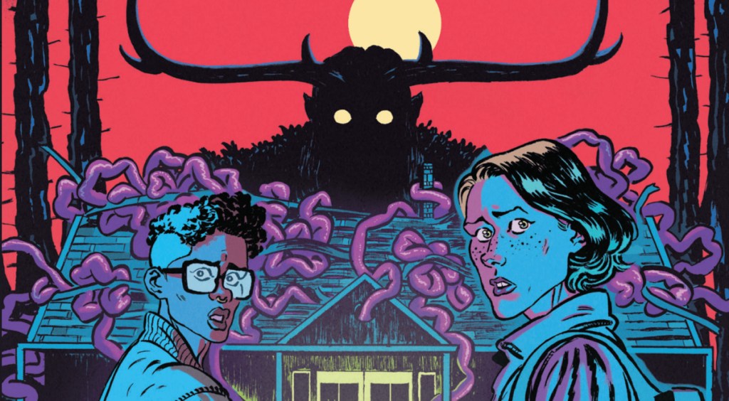 Trudy and Gabby approach a farmhouse with a demon over it