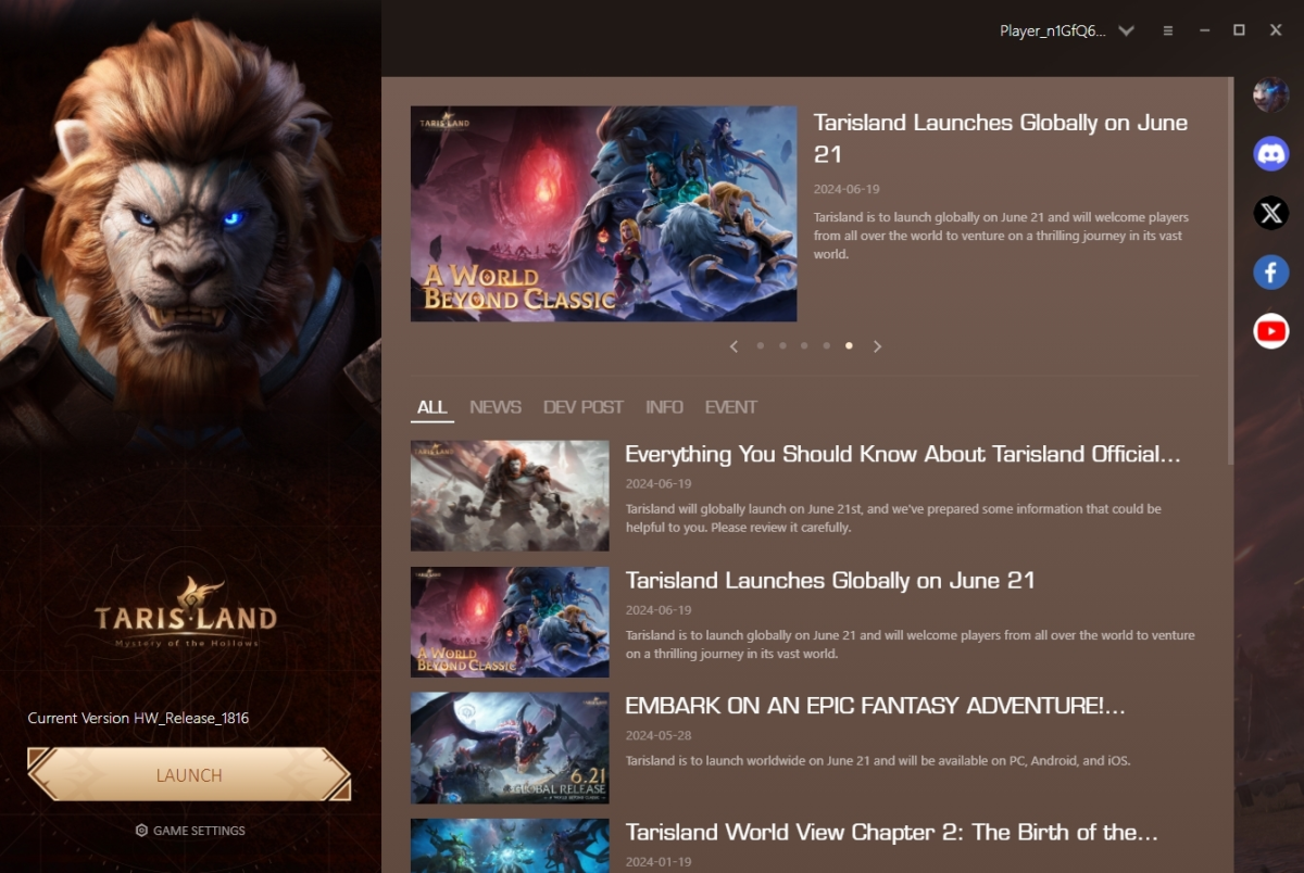 Image of the Tarisland game launcher for PC