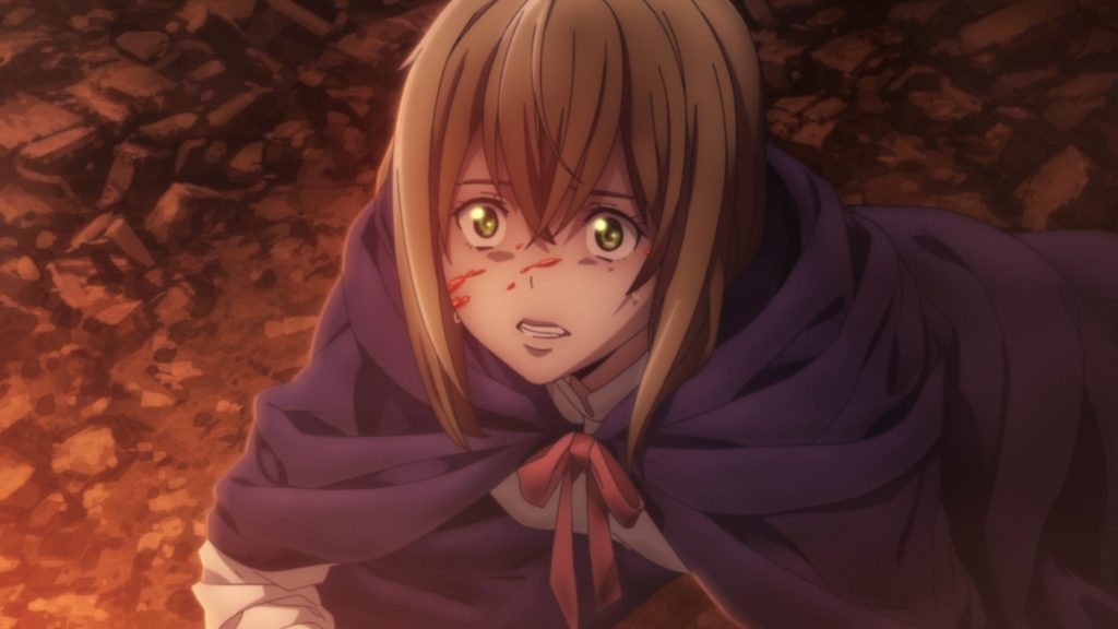 Yuno looks up with blood on her face