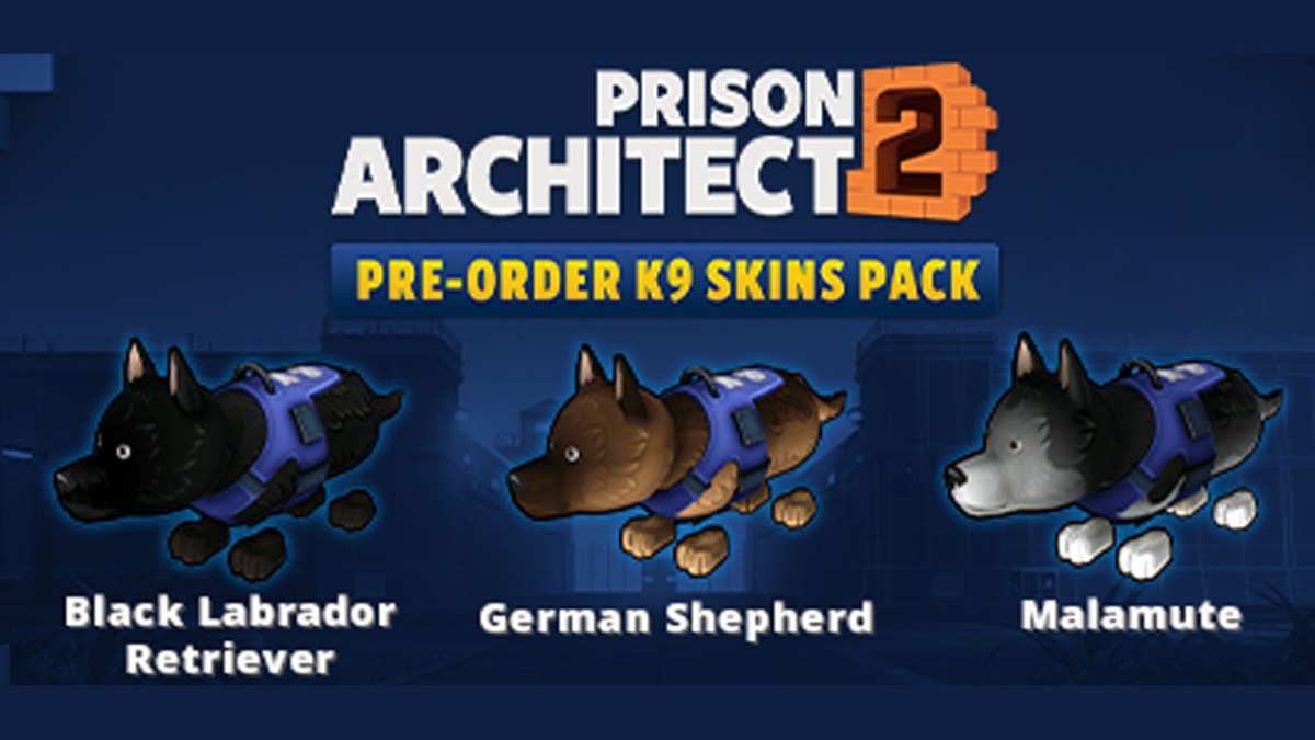 Image of the three dog cosmetic skins you'll receive if you pre-order Prison Architect 2