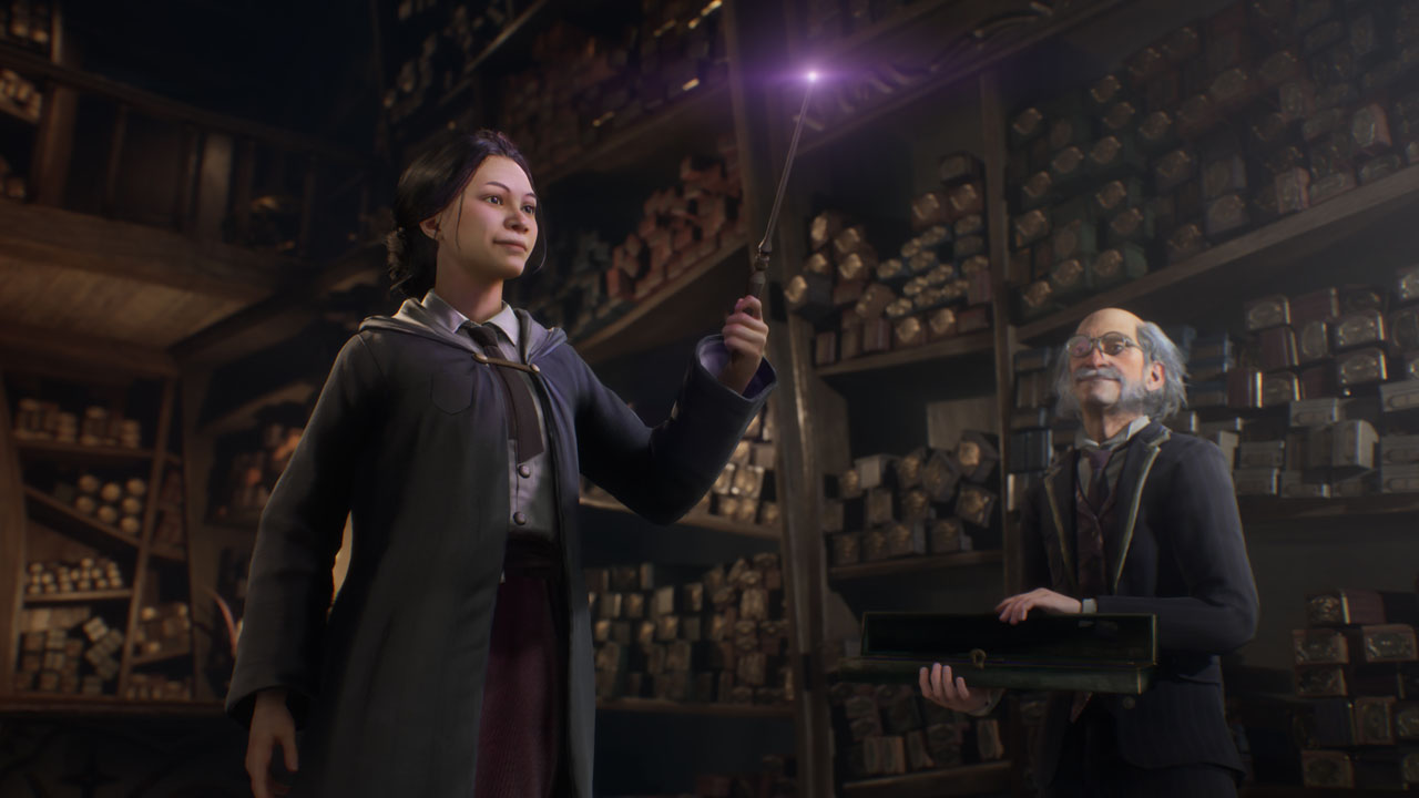 Hogwarts Legacy, a student holding up a wand while the shop owner watches.