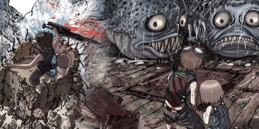 The characters fight two voracious fish monsters
