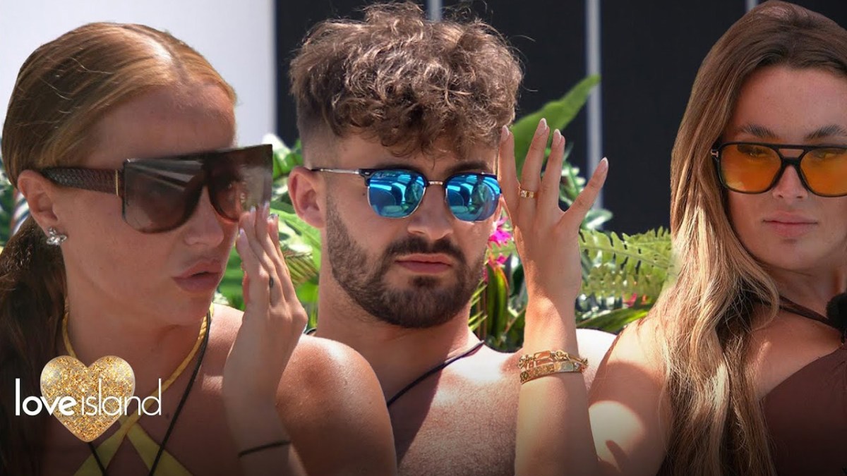 Three contestants from Love Island UK Season 11, two women and a man. 