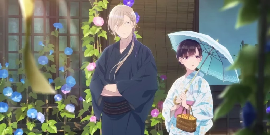 Miyo walks with Kiyoka under an umbrella in a still from the My Happy Marriage anime.