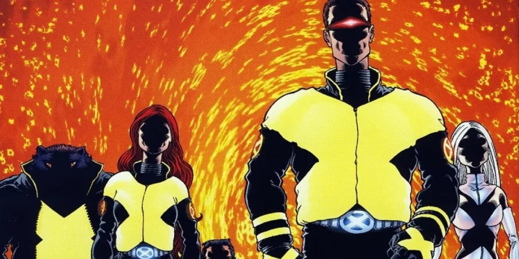 The X-Men walk in shadows in front of an orange burst. This image is part of an article about the 13 best Marvel Comic runs of all-time.
